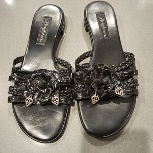 Brighton Opera Braided Black Leather Sandals w/ Floral Detail And Silver Charms